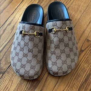 Gucci Tan Monogram Mules with Gold Accent